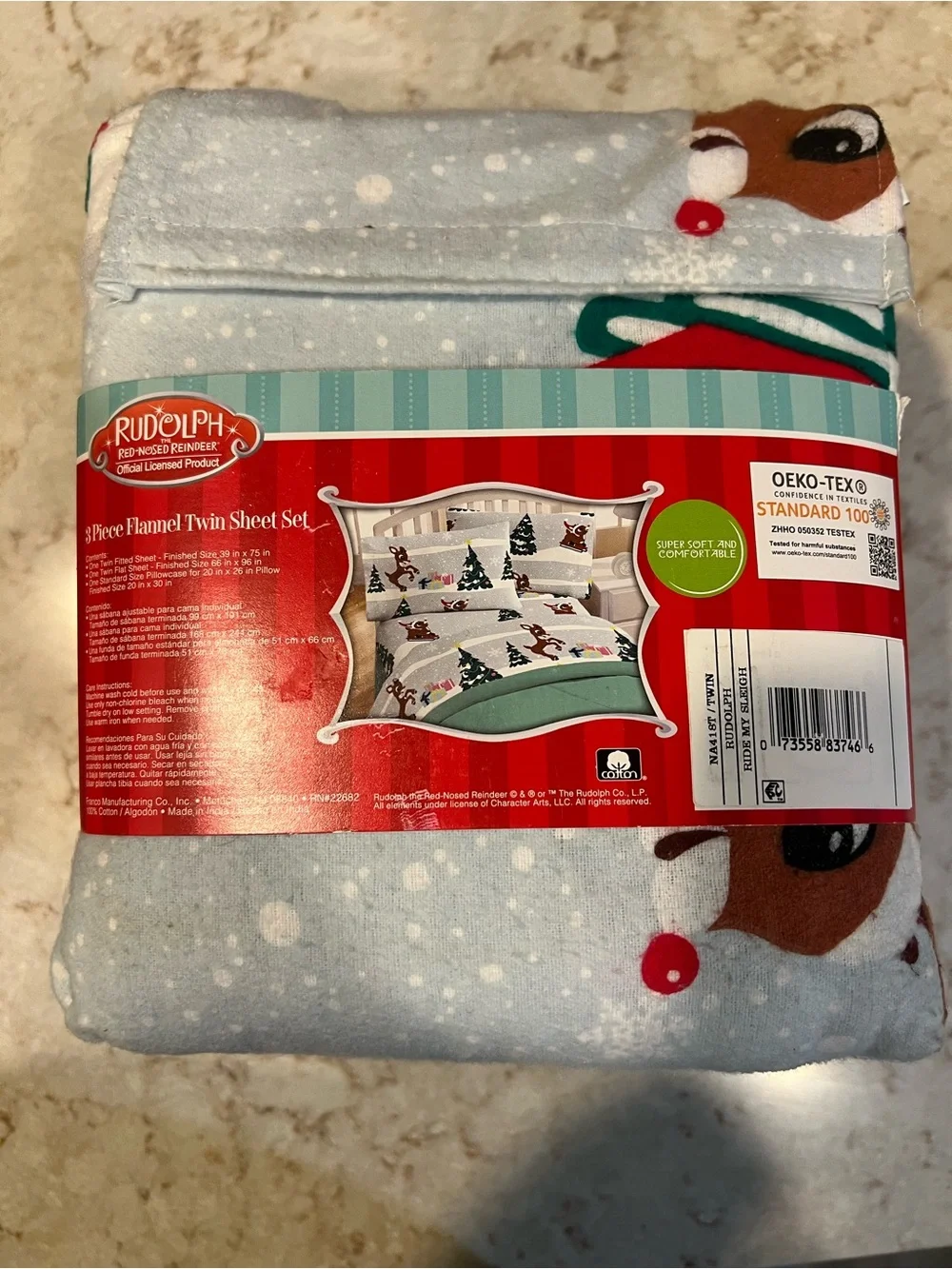 Rudolph 3-Piece Flannel Twin Sheet Set - Light Blue Snowflake & Holiday Tree